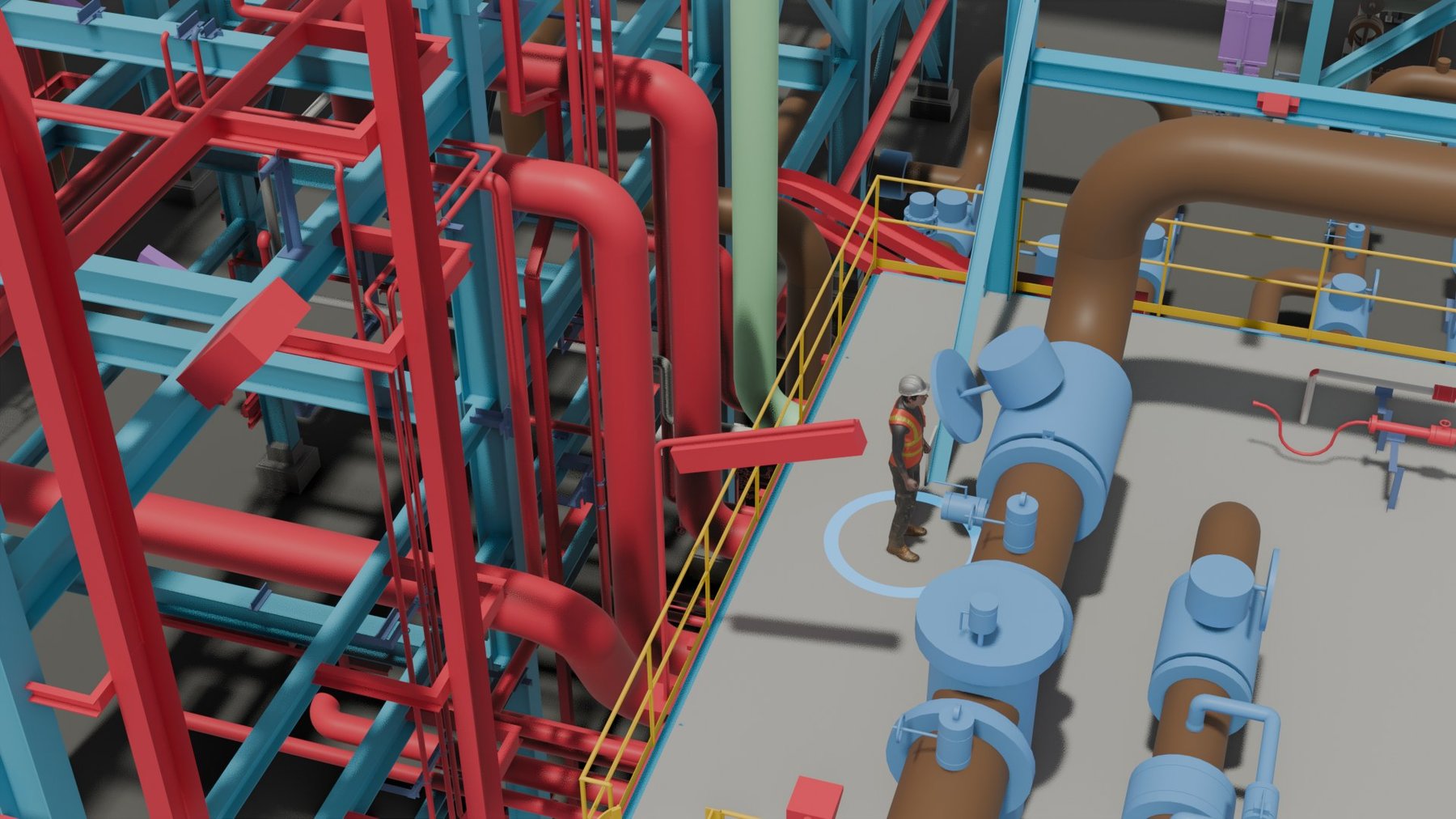 An annotated 3D render of an operator at a valve, generated from plant CAD