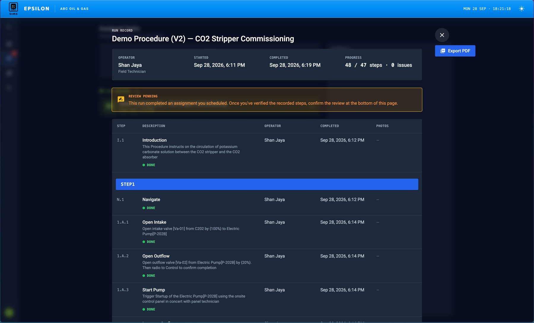 A completed run record in SIMS